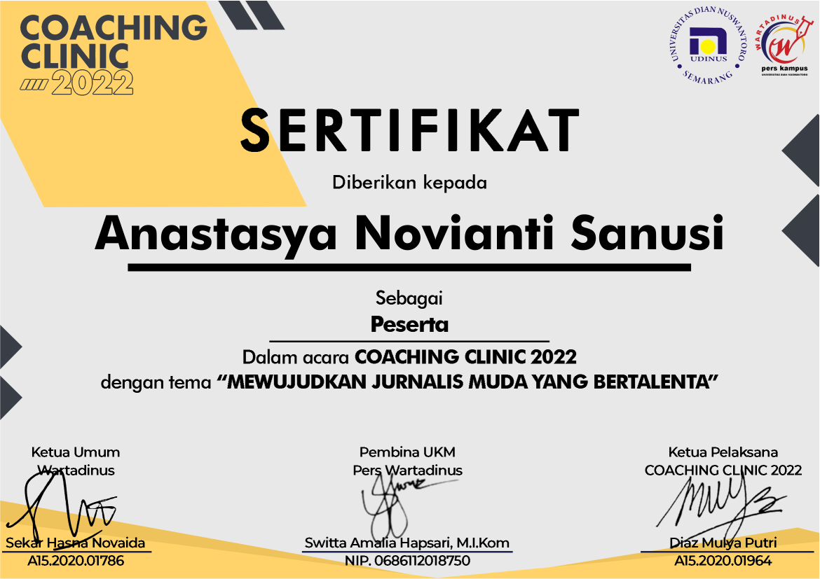Sertifikat peserta Coaching Clinic 2022